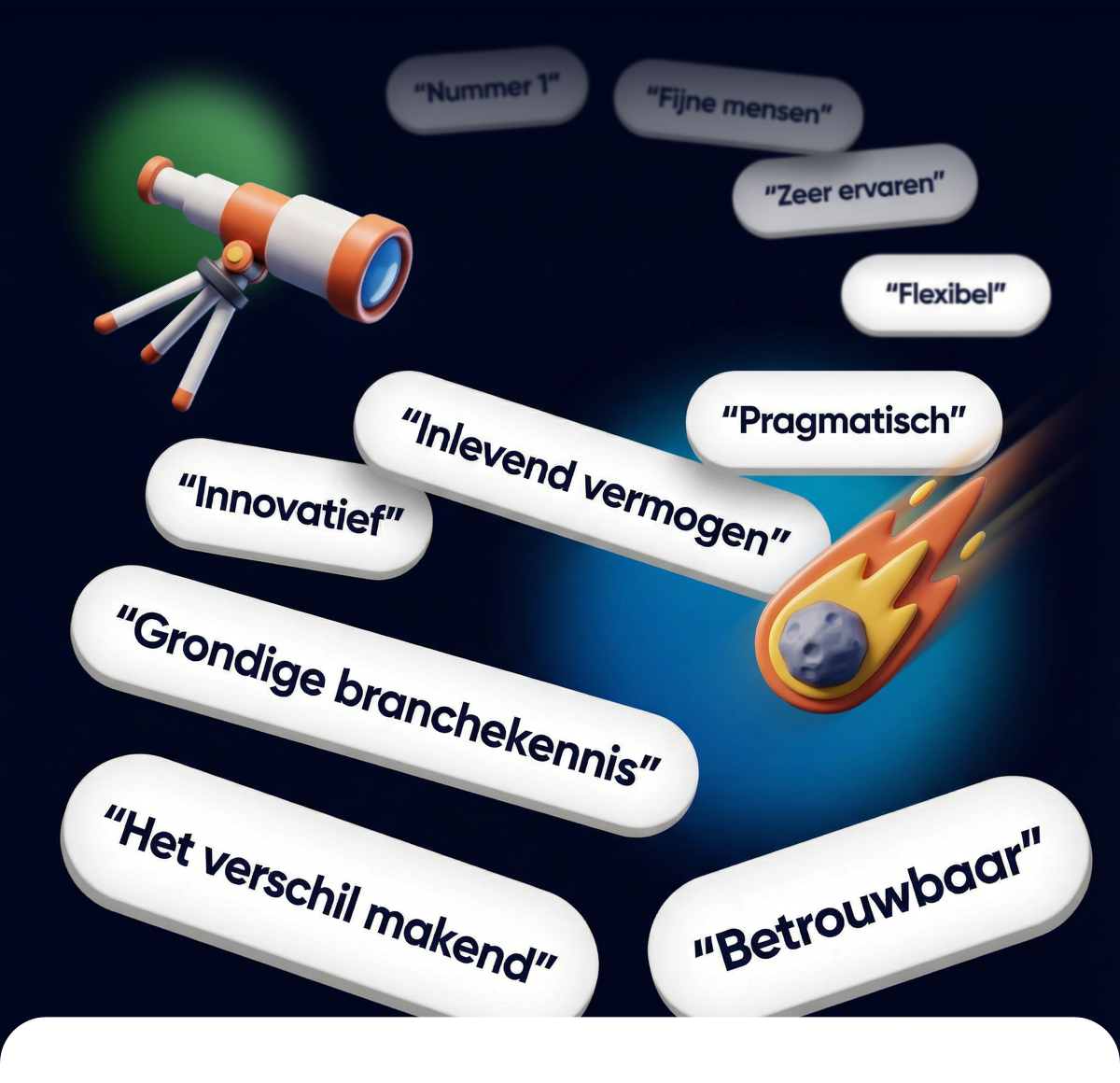 Overzicht verschillende positieve quotes van klanten over Ideo als "Innovatief", "Grondige branchekennis" en "Betrouwbaar"