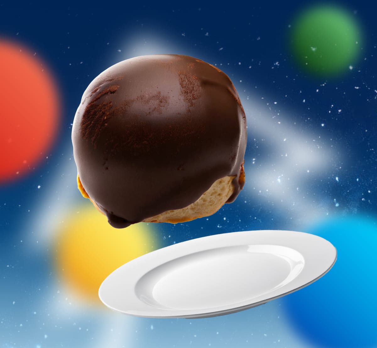 Bossche bol en schotel zwevend in lucht